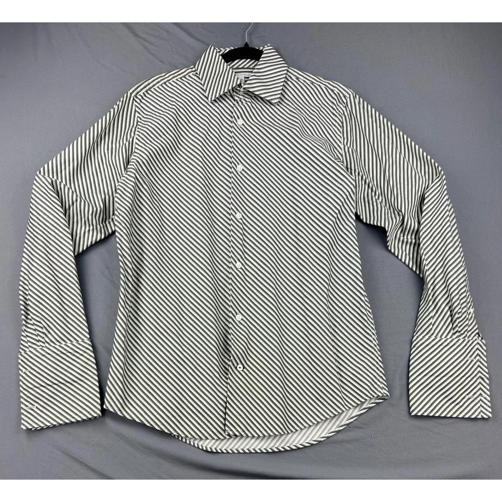 Banana Republic Dress Shirt Mens L Green White Striped French Cuff Long Sleeve